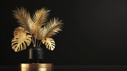 Golden Palm Leaf and Monstera in Vase on Black Background