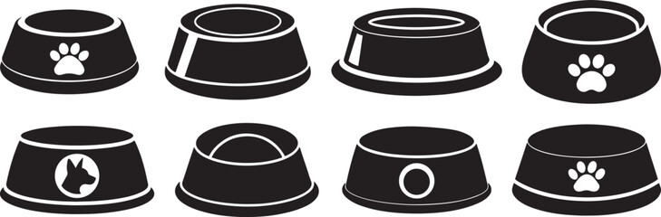 set of dog food bowl silhouette, black and white silhouette, vector and illustration
