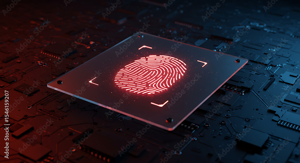 Poster a glowing red fingerprint on a computer chip, symbolizing biometric security, digital identity, data
