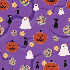 Retro Halloween 70s style seamless pattern design