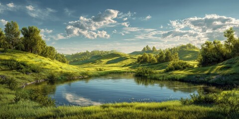 Landscape with Pond, Green Grass and Cloudy Sky