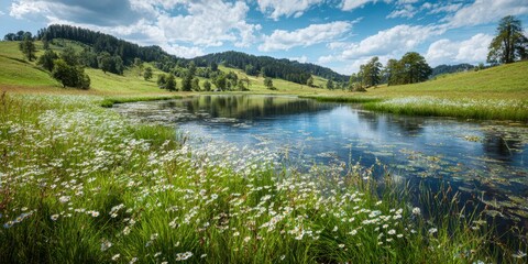 Lake Landscape with Wildflower and Green Hill