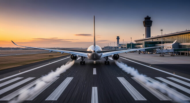 Airplane Taking Off Runway Sunrise Departure Scene
