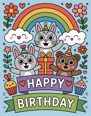 A delightful birthday scene with adorable animals, rainbows, and cupcakes.