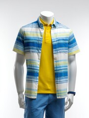 Mannequin Displaying Yellow Shirt and Striped Shirt