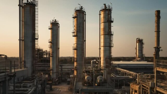 Industrial oil refinery with tall towers at sunset  
