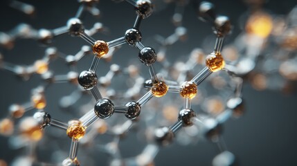 Close-up of molecular structure with glowing atoms.