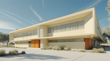 Retro-Futuristic Mid-Century Modern Building with Geometric Precision and Neutral Palette. This photo highlights clean architectural lines and a peaceful atmosphere under wispy clouds.