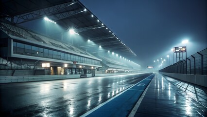 Empty race track under the rain at night with stadium seating