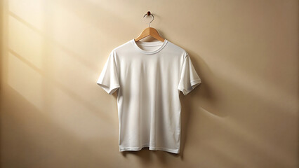 Blank white t-shirt hanging on wooden hanger against beige wall