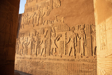 Ancient egyptian carvings on the walls of Kom Ombo temple in Aswan, Egypt