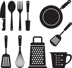 Black and White Kitchen Utensil Icons Set Knife Fork Spoon Spatula Whisk Grater Measuring Cup Frying Pan 1