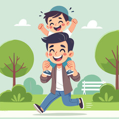 Joyful Father Carries Son On Shoulders In Park Flat Vector Illustration