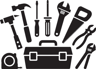 Black And White Toolbox Icon Set Including Hammers Screwdrivers Wrench Saw Pliers Tape Measure tools 1