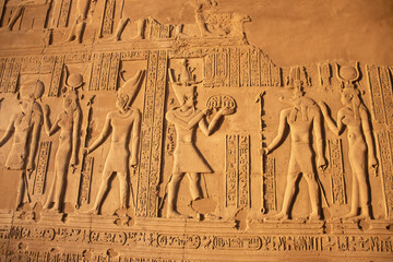 Ancient egyptian carvings on the walls of Kom Ombo temple in Aswan, Egypt