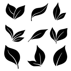 Collection of Black Silhouette Leaf Vectors on White Background