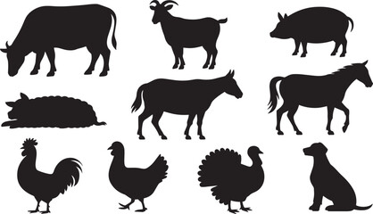 Black Silhouettes of Farm Animals Cow Goat Pig Sheep Mule Horse Rooster Hen Turkey Dog vector 1