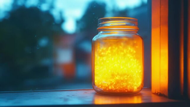 A jar filled with fireflies perched on a windowsill, glowing softly
