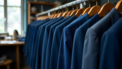 A row of tailored blue suits hangs neatly in a tailor's shop, ready to be worn.