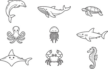 Nine Adorable Black Line Drawings of Ocean Animals Dolphin Whale Turtle Octopus Jellyfish Shark Stingray Crab