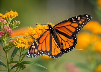 Obraz premium A monarch butterfly perched on a cluster of yellow flowers close