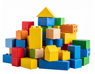 Obraz premium A collection of diverse, brightly colored building blocks meticulously arranged into an imaginative structure.