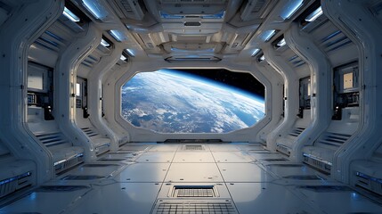 A spaceship interior with blue earth view through window .