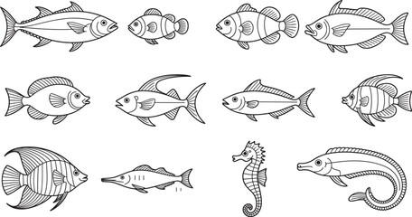 Ten Diverse Black and White Line Drawings of Various Fish and a Seahorse ocean marine