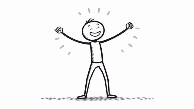 Cheerful Stickman Illustration Celebrating Success with Arms Up in White Background and Isolated