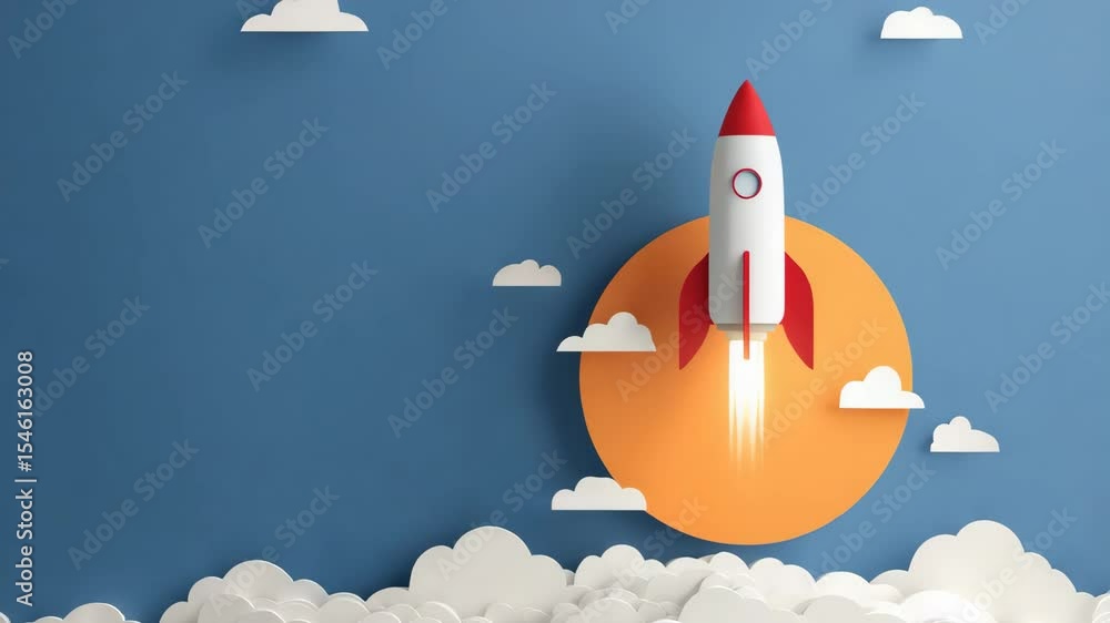 Poster A rocket hovering above the clouds with a blue sky background and paper cut elements. The rocket is red against an orange sun, surrounded by white fluffy clouds that add depth to its silhouette.