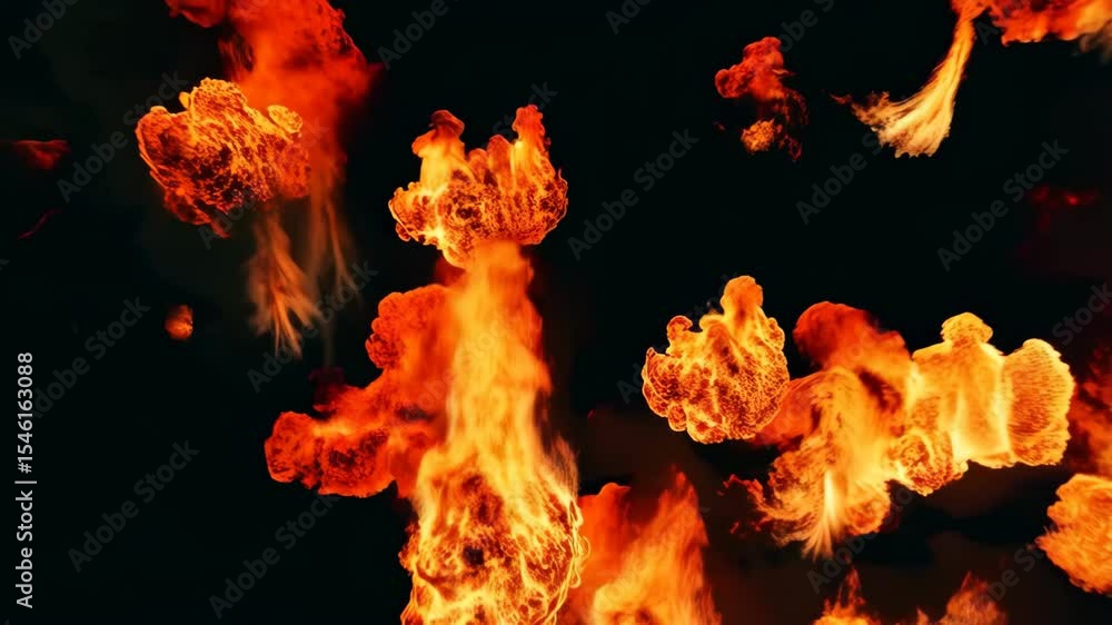 Poster dynamic burst of explosive fireballs igniting across dark background