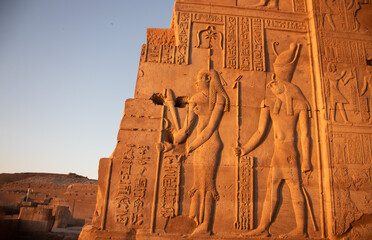 Ancient egyptian carvings on the walls of Kom Ombo temple in Aswan, Egypt