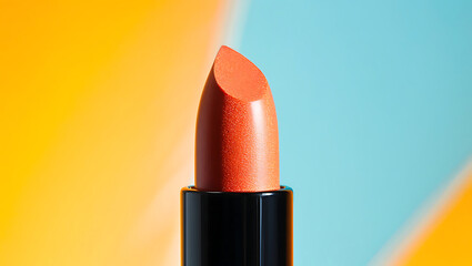 Close-up of coral lipstick against a vibrant yellow and blue background