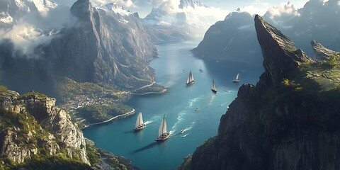 Epic Fantasy Landscape Coastal City  Majestic Mountains  Breathtaking Scenery for Games Art  Design