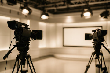Obraz na płótnie Canvas Bright television studio interior with two professional video cameras on tripods under studio lights before recording