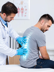 Obraz premium Doctor Examining Male Patient's Back with Digital Spine Overlay in Modern Medical Clinic, Healthcare and Pain Relief