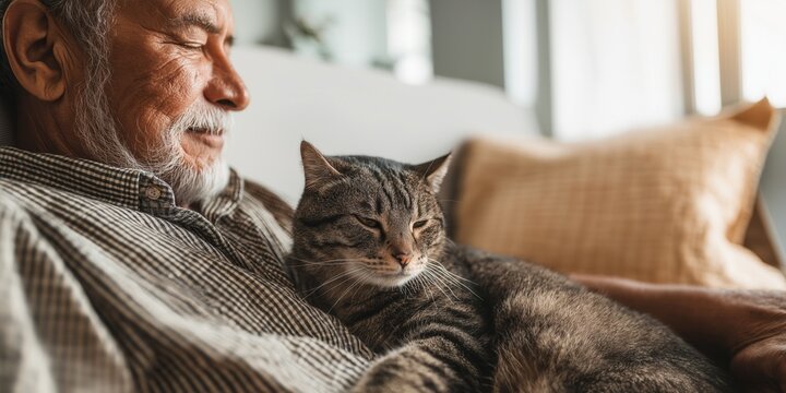 Cheerful elderly man relaxing on a sofa in sunny white living room with a cat on his lap. Senior gentleman stroking his pet at home. - Powered by Adobe