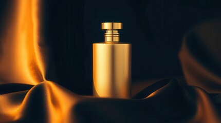 Naklejka premium Elegant gold bottle resting on luxurious, draped golden fabric, creating a sense of luxury and refinement.