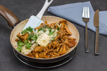 Fried chanterelles in pan.