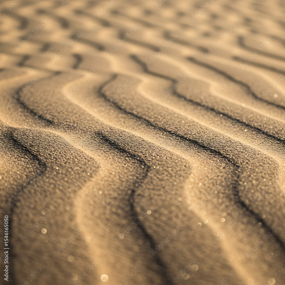 Poster a close-up, macro view of ripples in sand, with wavy patterns and sparkling grains highlighted by wa