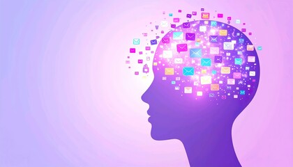Obraz premium Abstract purple profile head with colorful digital communication icons