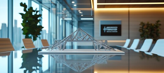 Professional Business Conference Room with Glass Table Displaying Truss Bridge Model and Dedicated Space Reserved for Branding