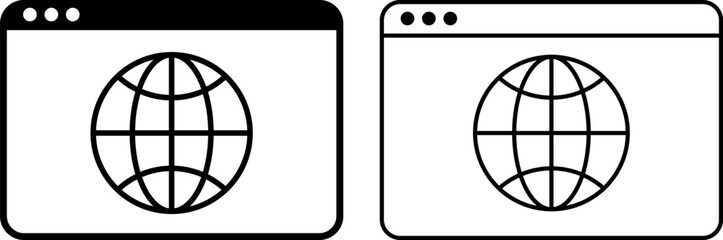 Browser and globe icon set. Earth global country map icons. Travel internet globl. globes with world maps. digital platforms and development
