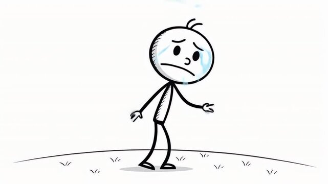 Crying Black and White Stickman Character Standing on Grass Depicting Sadness Against White Background