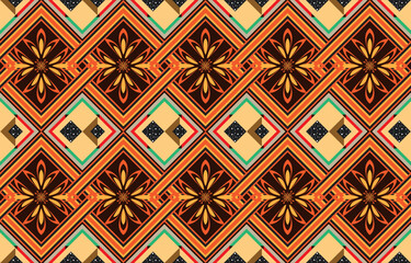 Geometric ethnic pattern oriental design on dark midnight navy background. Traditional geometry abstract with pink, white, yellow, green color for wallpaper handcraft, carpet, clothing, fabric design.