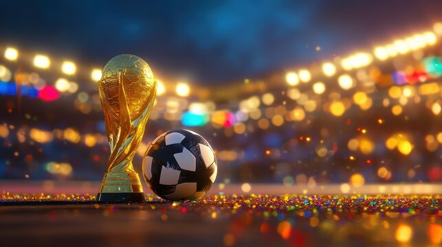 Night city lights and fireworks illuminate a festive Christmas tree, while a glowing soccer ball in the sky symbolizes the joy of competition and fun