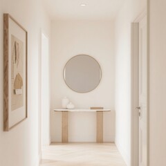 Minimalist Hallway with Modern Console Table, Round Mirror, and Neutral Wall Art in Bright Contemporary Home