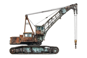 Rusty vintage construction crane, tracks and boom on transparent background