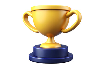 Golden trophy with two handles on a blue base, isolated on white background, 3D rendering