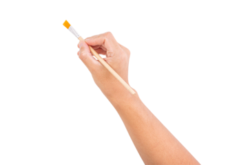 Hand holding a small flat paintbrush with wooden handle, isolated on white background, ideal for painting, art, or craft demonstration